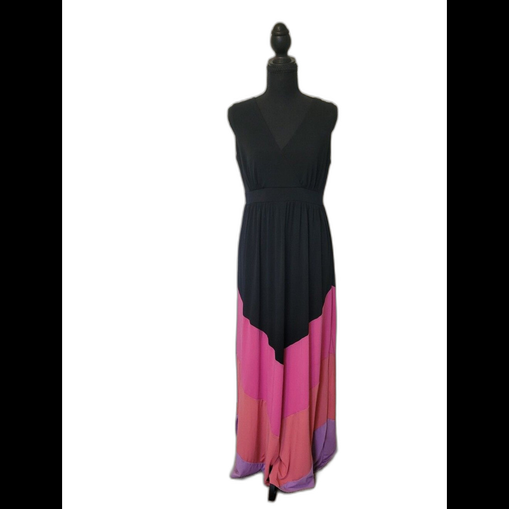 Madison Colorblock Chevron Maxi Dress Black Pink Purple Size M